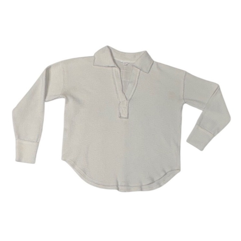 Blu Pepper Waffle Knit Thermal Polo Pullover Mens Medium‎ Long Sleeve Cream